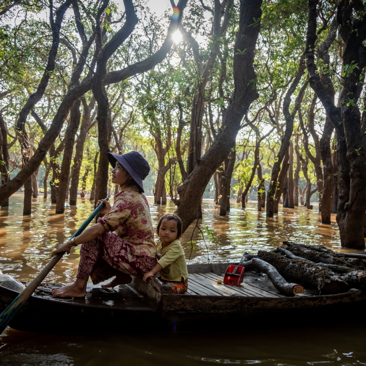 A mother and her daughter collect firewood in a flooded forest in Siem Reap's Kampong Phluk village in December 2018.聽